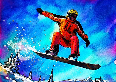Snowboarder Jumping in Vibrant Watercolor