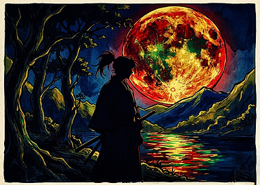 Samurai Silhouette Under Blood Moon