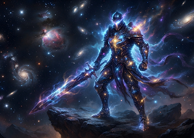 Cosmic Knight Standing on Asteroid