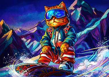 Cool Cat Snowboarding in Mountains