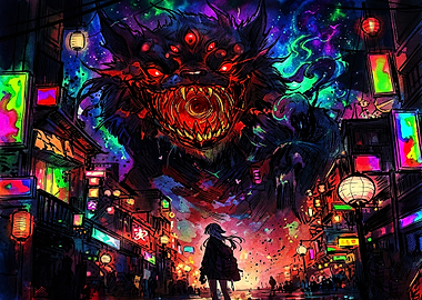 Girl Facing Cosmic Multi-Eyed Beast