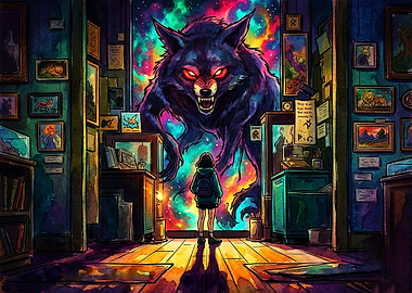 Girl Facing Cosmic Wolf Portal