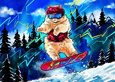 Cool Cat Snowboarding in Mountains