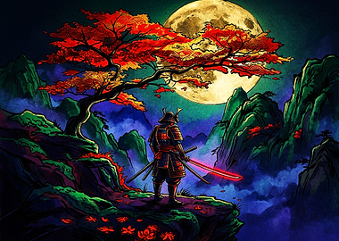 Samurai Under a Glowing Moon