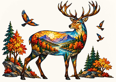 Stained Glass Deer Nature Scene