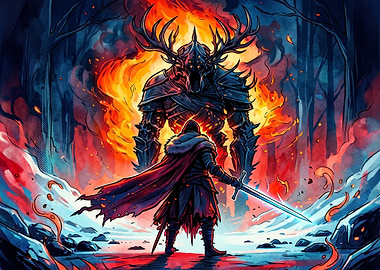 Knight Facing Fiery Antlered Demon