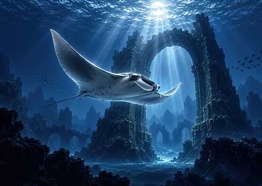 Manta Ray Swimming Through Underwater Ruins
