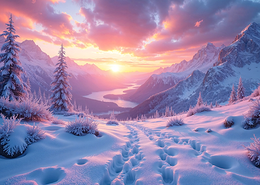 Snowy Mountain Sunset Landscape