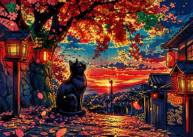 Black Cat Under Cherry Blossom Sunset