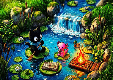 Cute Cat and Axolotl Pond Adventure