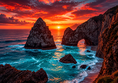 Dramatic Sunset Over Coastal Sea Arch