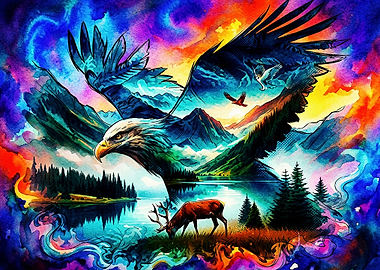 Double Exposure Eagle and Mountain Landscape