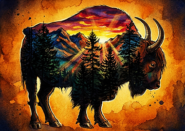 Double Exposure Bison Mountain Landscape