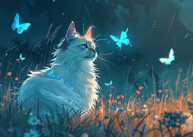 Magical Cat with Glowing Butterflies