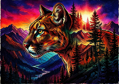Vibrant Mountain Cougar Double Exposure Art