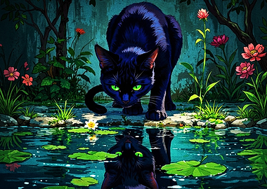 Black Cat Reflecting in Pond