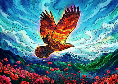 Fiery Eagle Over Mountain Landscape