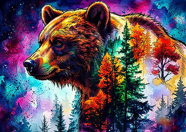 Vibrant Watercolor Bear Forest Double Exposure