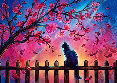 Black Cat Under Cherry Blossom Tree