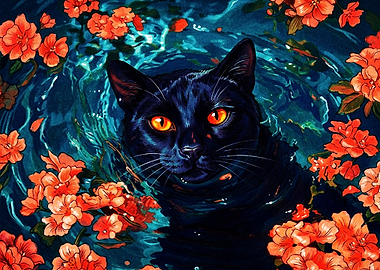 Black Cat in Floral Water