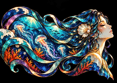 Stained Glass Mermaid Ocean Fantasy Art