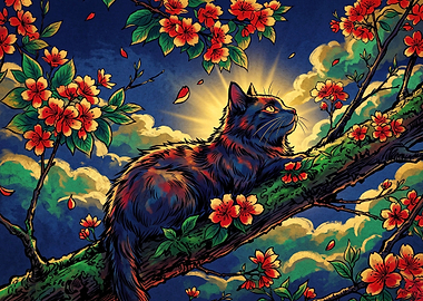 Black Cat Resting in Cherry Blossoms