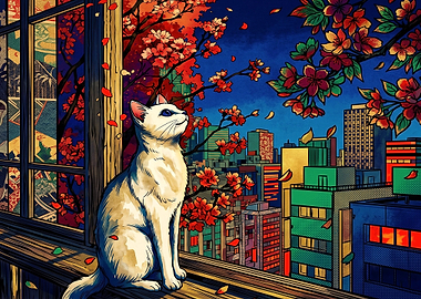 White Cat Watching City Cherry Blossoms