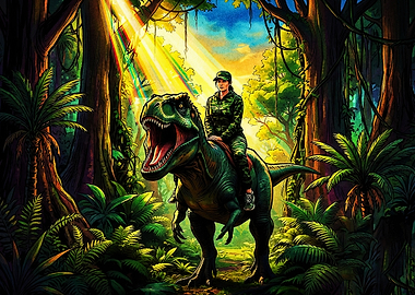 Woman Riding T-Rex in Jungle