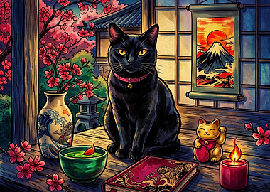Black Cat in Traditional Japanese Setting