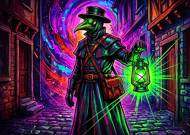 Plague Doctor Neon Cosmic Poster