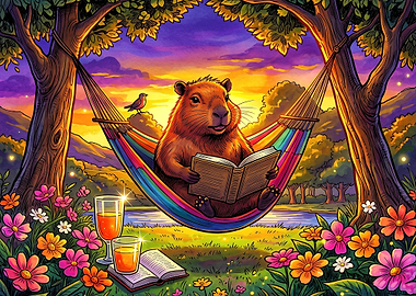 Capybara Reading in a Hammock