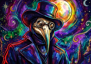 Plague Doctor Cosmic Watercolor Art
