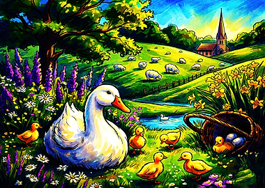 Mother Duck and Ducklings in Meadow