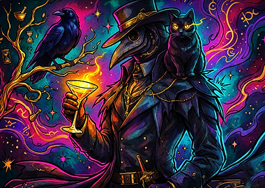 Plague Doctor Neon Cosmic Art