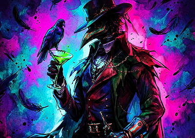 Plague Doctor Raven Neon Art Poster