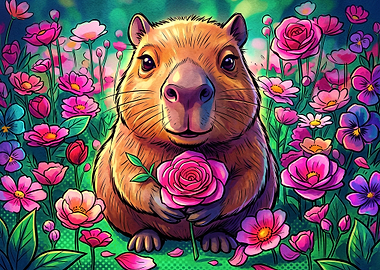 Cute Capybara Holding a Pink Rose