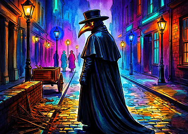 Plague Doctor City Watercolor Art