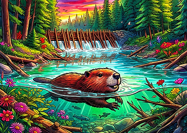 Beaver Swimming in Vibrant Forest Stream
