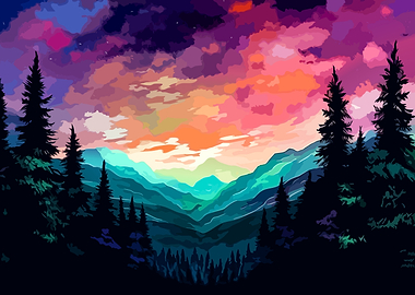 Vibrant Sunset Over Mountain Forest