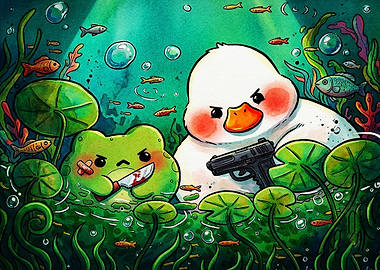 Armed Frog and Duck Underwater