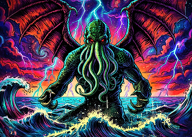 Cosmic Monster Neon Storm Poster