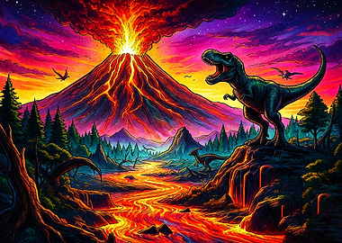 T-Rex and Volcanic Eruption Landscape