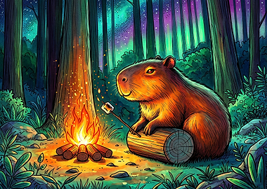 Capybara Roasting Marshmallow by Campfire