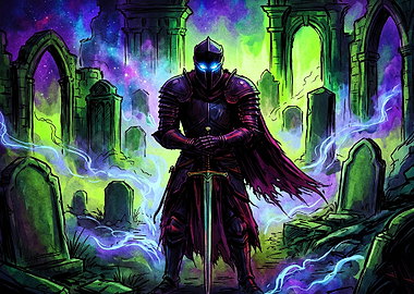 Knight Graveyard Neon Fantasy Poste