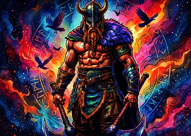 Viking Cosmic Warrior Neon Poster
