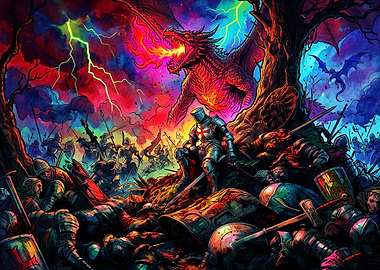 Dragon Knight Battle Neon Art Poste