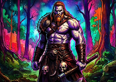 Viking Warrior Neon Forest Art Post