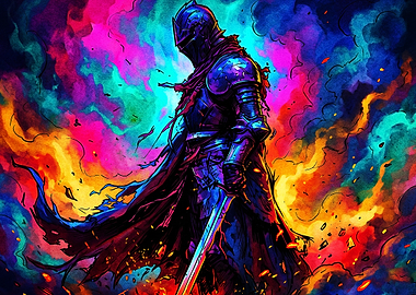 Knight Neon Fantasy Watercolor Art