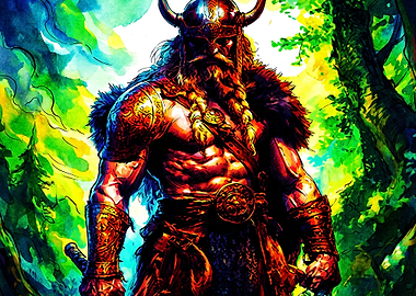 Viking Warrior Forest Watercolor Ar