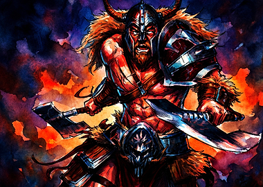 Viking Warrior Battle Watercolor Ar